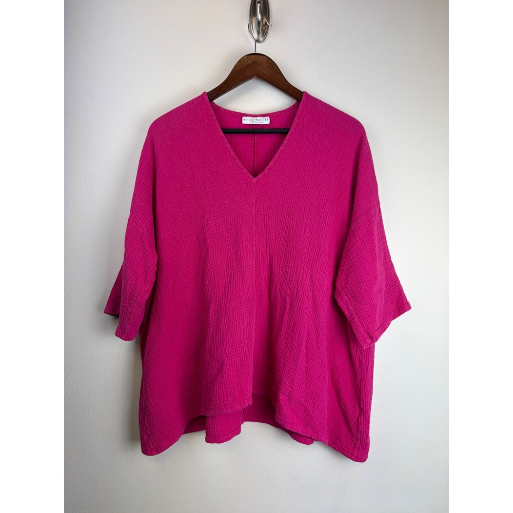 Bryn Walker Gauze Tunic Top S Hot Pink Lagenlook Cotton V-Neck Oversized Fuschia